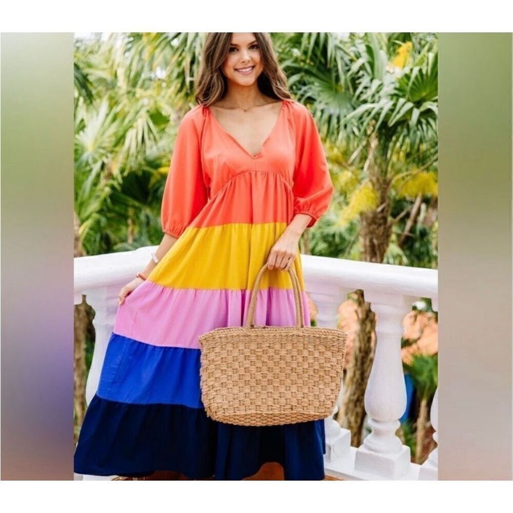 Anthropologie Farm Rio Size S Puff Sleeve Tiered Maxi Dress Colorblock Stripe - Picture 8 of 15